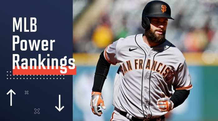 Apr 17, 2022; Cleveland, Ohio, USA; San Francisco Giants designated hitter Brandon Belt (9) rounds the bases after hitting a home run during the seventh inning against the Cleveland Guardians at Progressive Field.